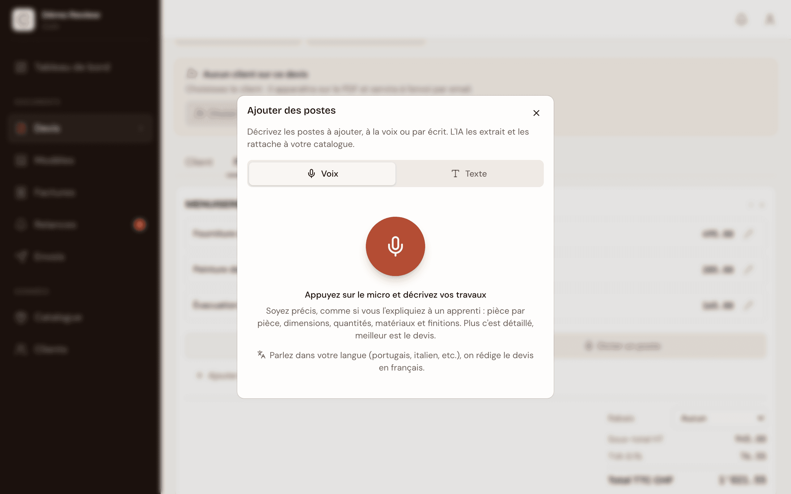 Fenêtre « Ajouter des postes » de Chiffr, onglets Voix et Texte, avec le bouton micro au centre