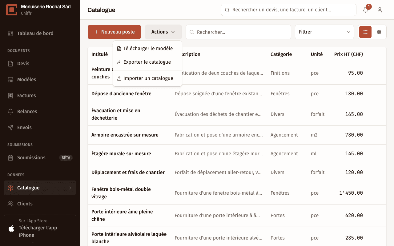 Menu Actions de la page Catalogue dans Chiffr, avec les options Télécharger le modèle, Exporter le catalogue et Importer un catalogue