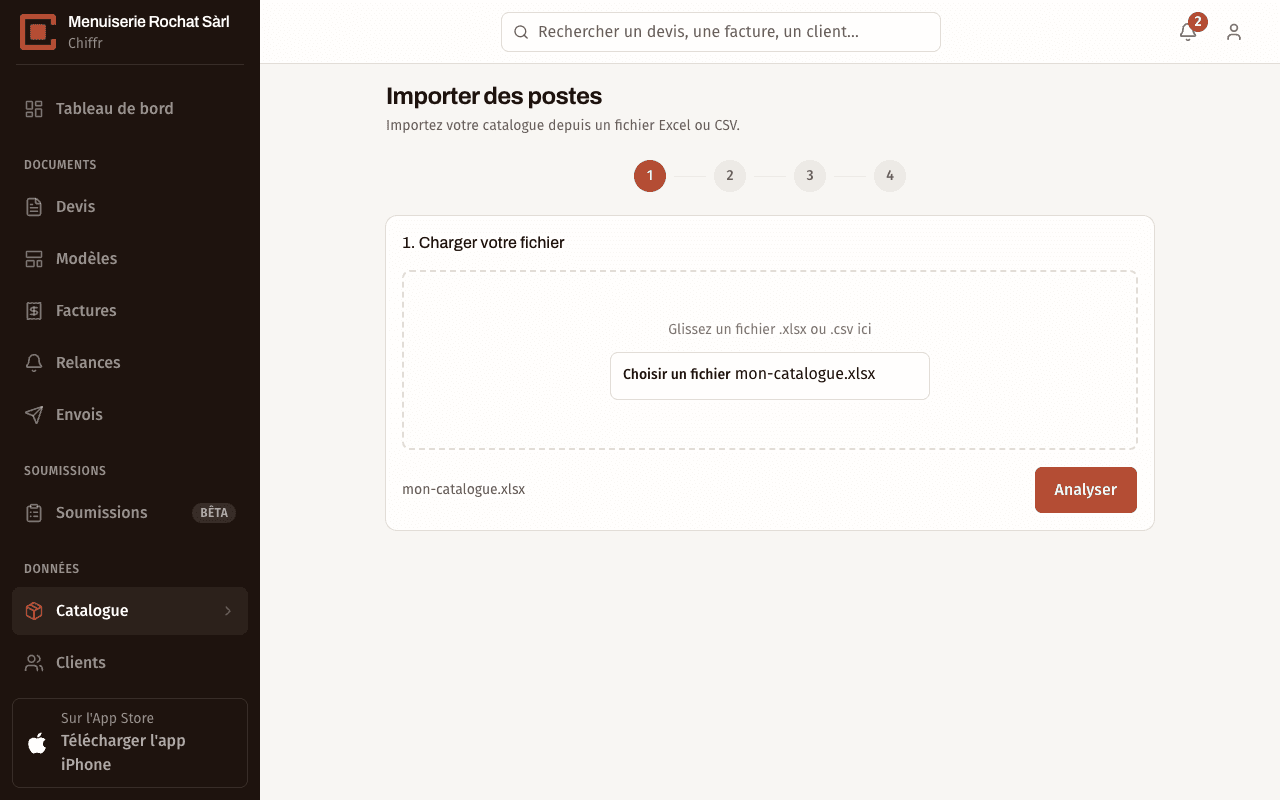 Étape 1 de l'assistant d'import Chiffr : charger votre fichier, zone de dépôt pour un fichier .xlsx ou .csv