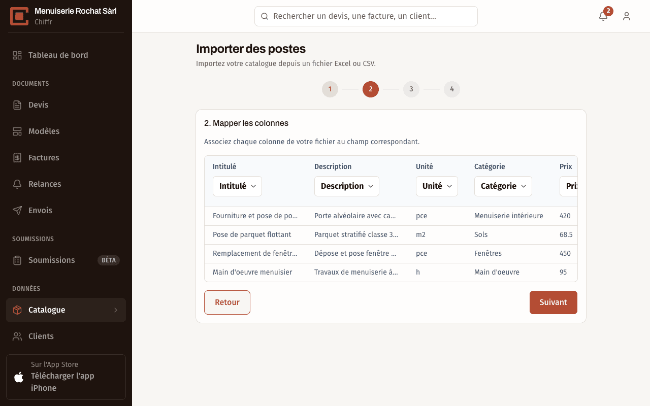 Étape 2 de l'assistant d'import Chiffr : mapper les colonnes, chaque colonne du fichier est associée automatiquement au bon champ