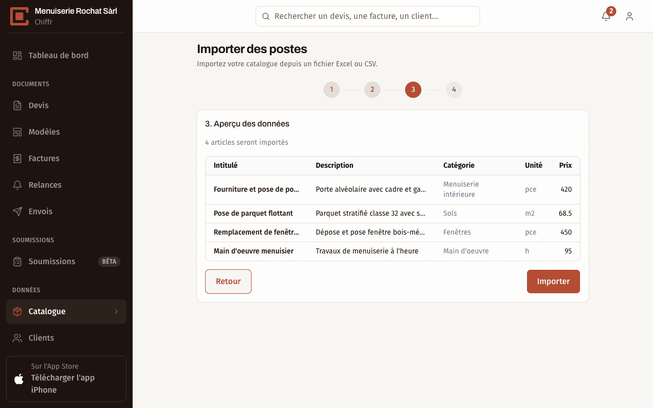 Étape 3 de l'assistant d'import Chiffr : aperçu des données avec le nombre d'articles qui seront importés