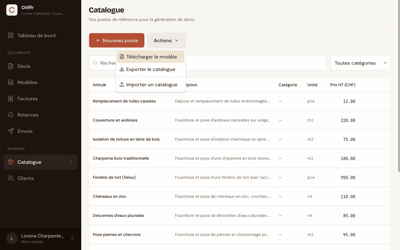 Menu Actions de la page Catalogue dans Chiffr, avec les options Télécharger le modèle, Exporter le catalogue et Importer un catalogue