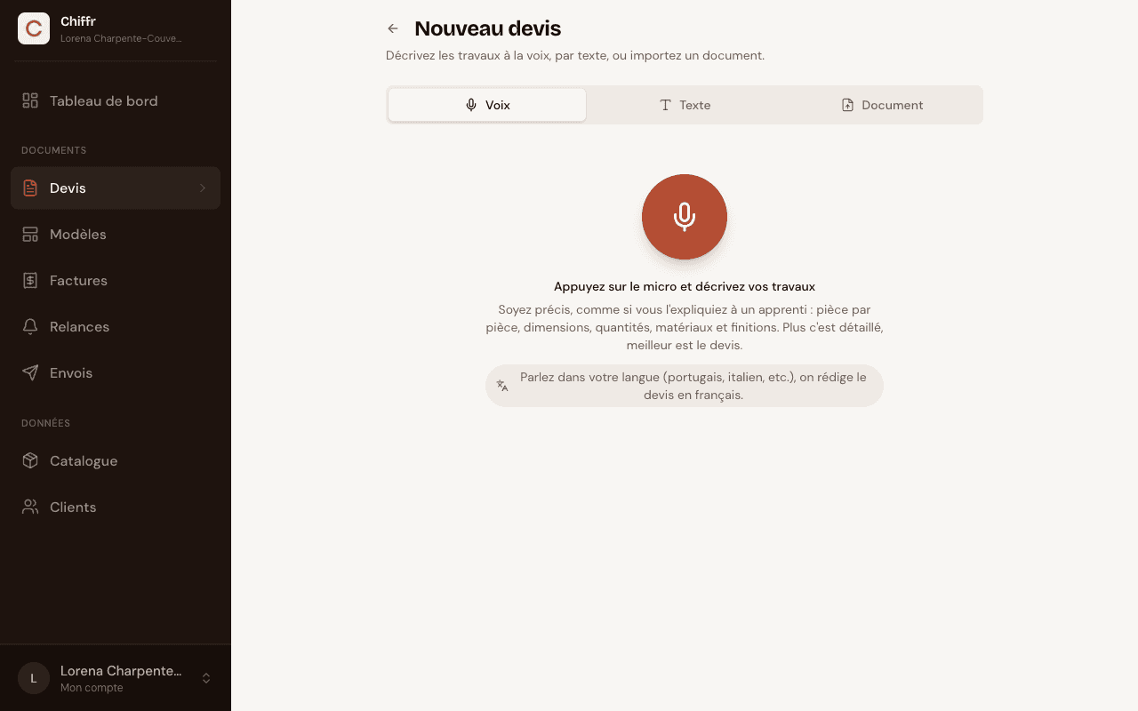 Page Nouveau devis dans Chiffr avec les onglets Voix, Texte et Document, et le bouton Démarrer l'enregistrement pour dicter les travaux