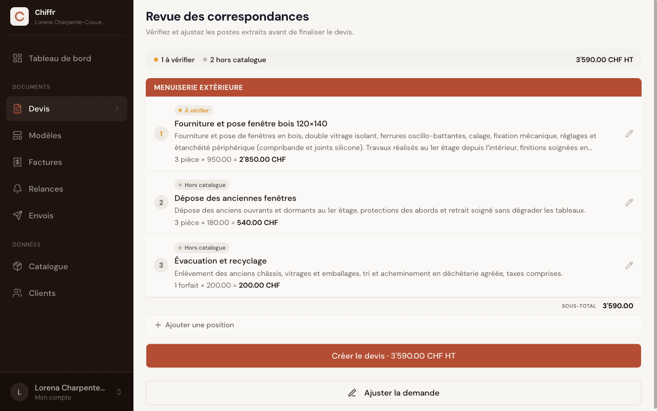 Écran Revue des correspondances dans Chiffr : postes groupés par catégorie avec les mentions À vérifier et Nouveau poste, total HT et bouton Créer le devis
