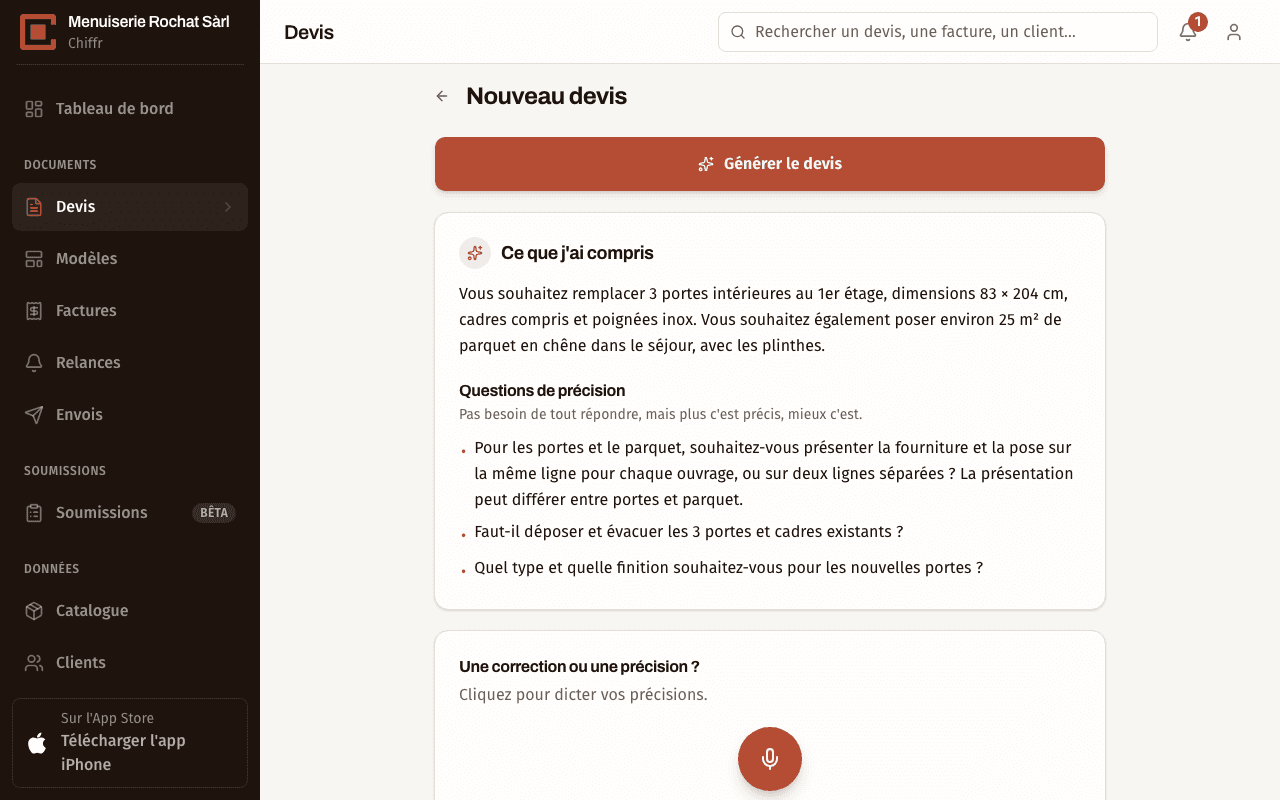 Écran Ce que j'ai compris dans Chiffr : reformulation de la demande, questions de précision et bouton Générer le devis