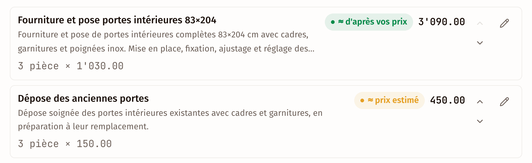 Deux postes d'un devis Chiffr : l'un marqué d'après vos prix, tiré du catalogue, l'autre marqué prix estimé