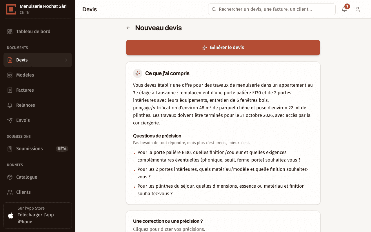 Écran Ce que j'ai compris après l'analyse d'une demande d'offre dans Chiffr : résumé des travaux, questions de précision et bouton Générer le devis