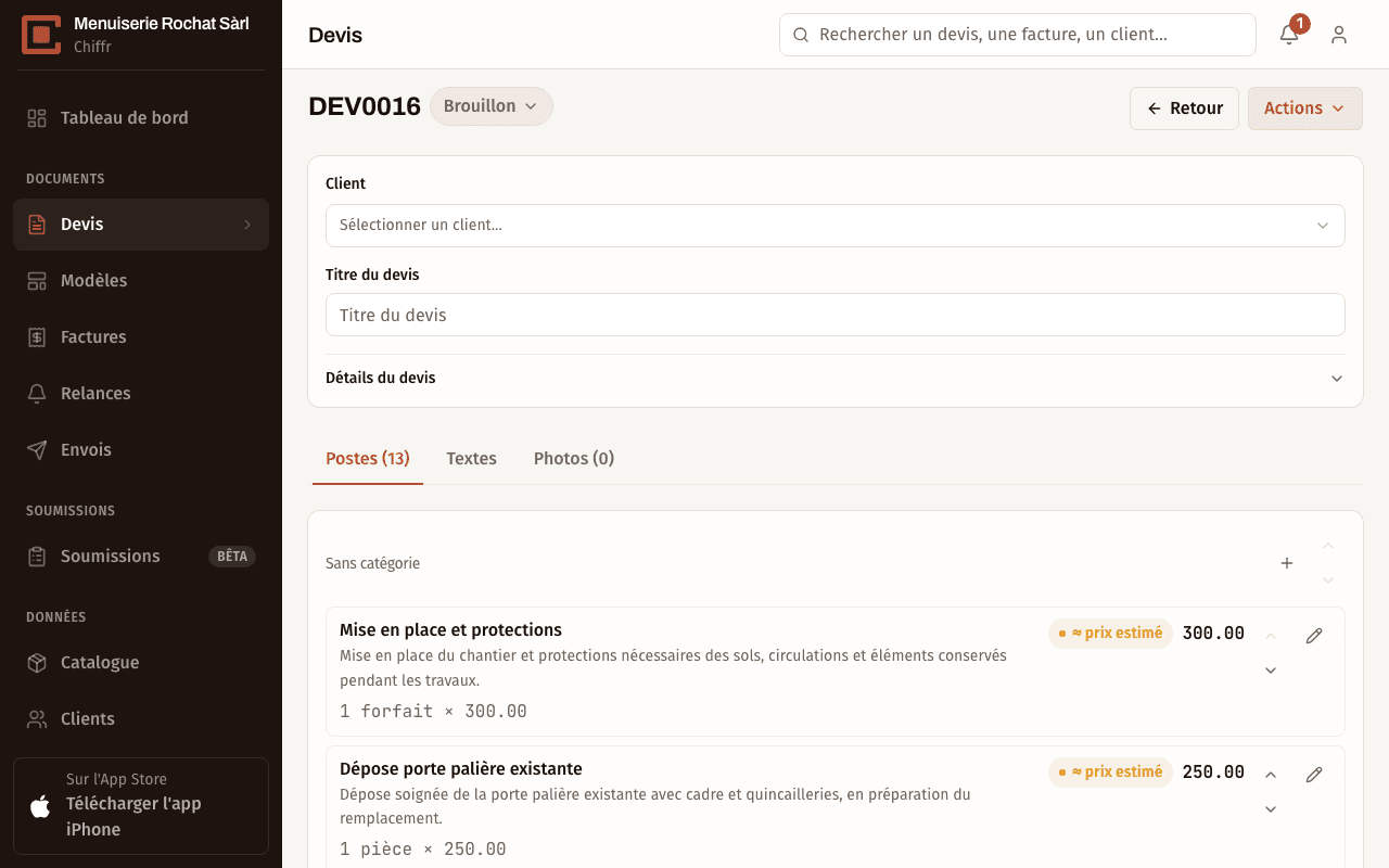 Devis en brouillon créé par Chiffr depuis une demande d'offre en PDF : postes extraits du document avec leur prix estimé