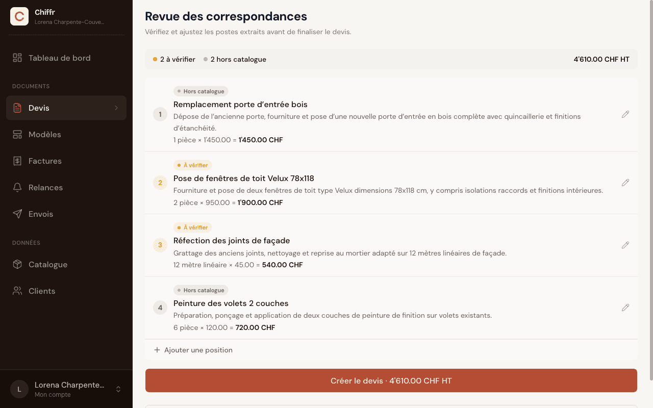 Écran Revue des correspondances dans Chiffr avec les postes extraits d'un document PDF, leurs prix repris du document et le bouton Créer le devis