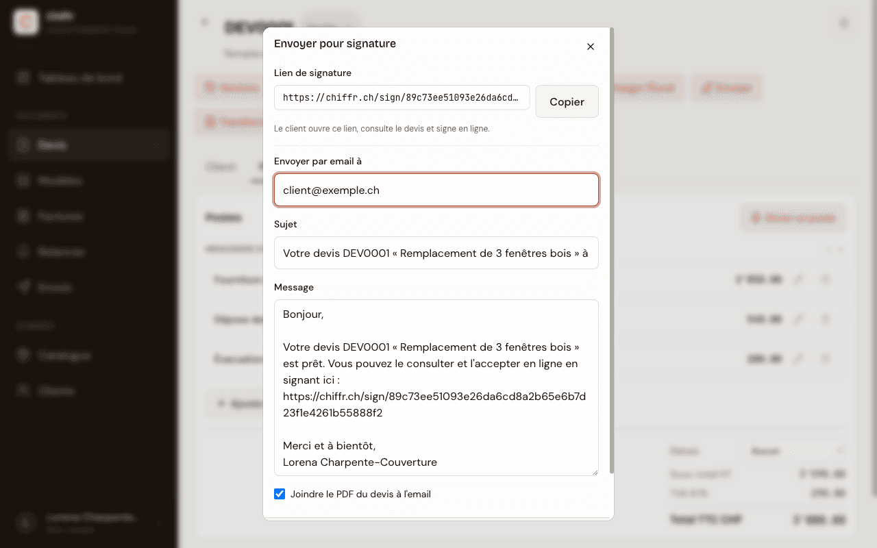 Dialog Envoyer pour signature dans Chiffr : lien de signature, email du client pré-rempli, sujet, message pré-rédigé et case Joindre le PDF du devis à l'email