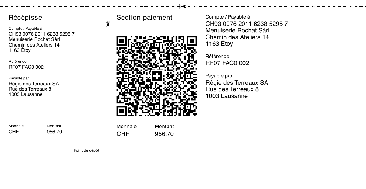 Bulletin QR-facture suisse d'une facture Chiffr, avec récépissé et section paiement, IBAN, référence, débiteur et montant à payer