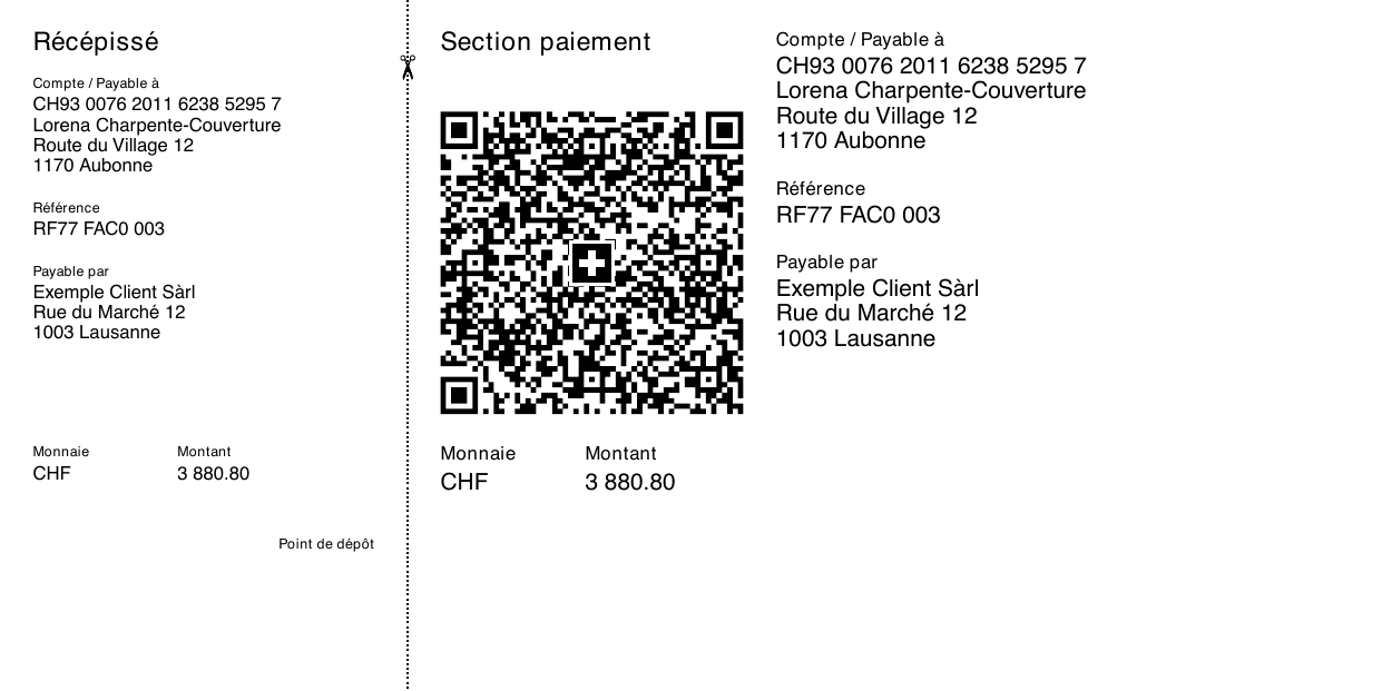 Page QR-facture suisse du PDF généré par Chiffr, avec récépissé et section paiement, IBAN, référence et montant à payer