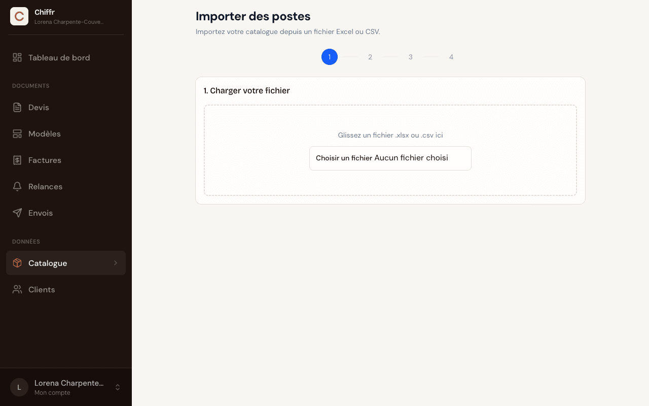 Étape 1 de l'assistant d'import Chiffr : charger votre fichier, zone de dépôt pour un fichier .xlsx ou .csv