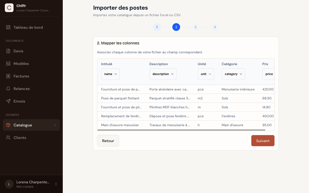Étape 2 de l'assistant d'import Chiffr : mapper les colonnes, chaque colonne du fichier est associée automatiquement au bon champ