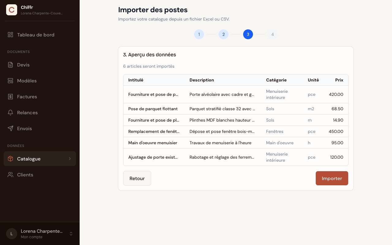 Étape 3 de l'assistant d'import Chiffr : aperçu des données avec le nombre d'articles qui seront importés
