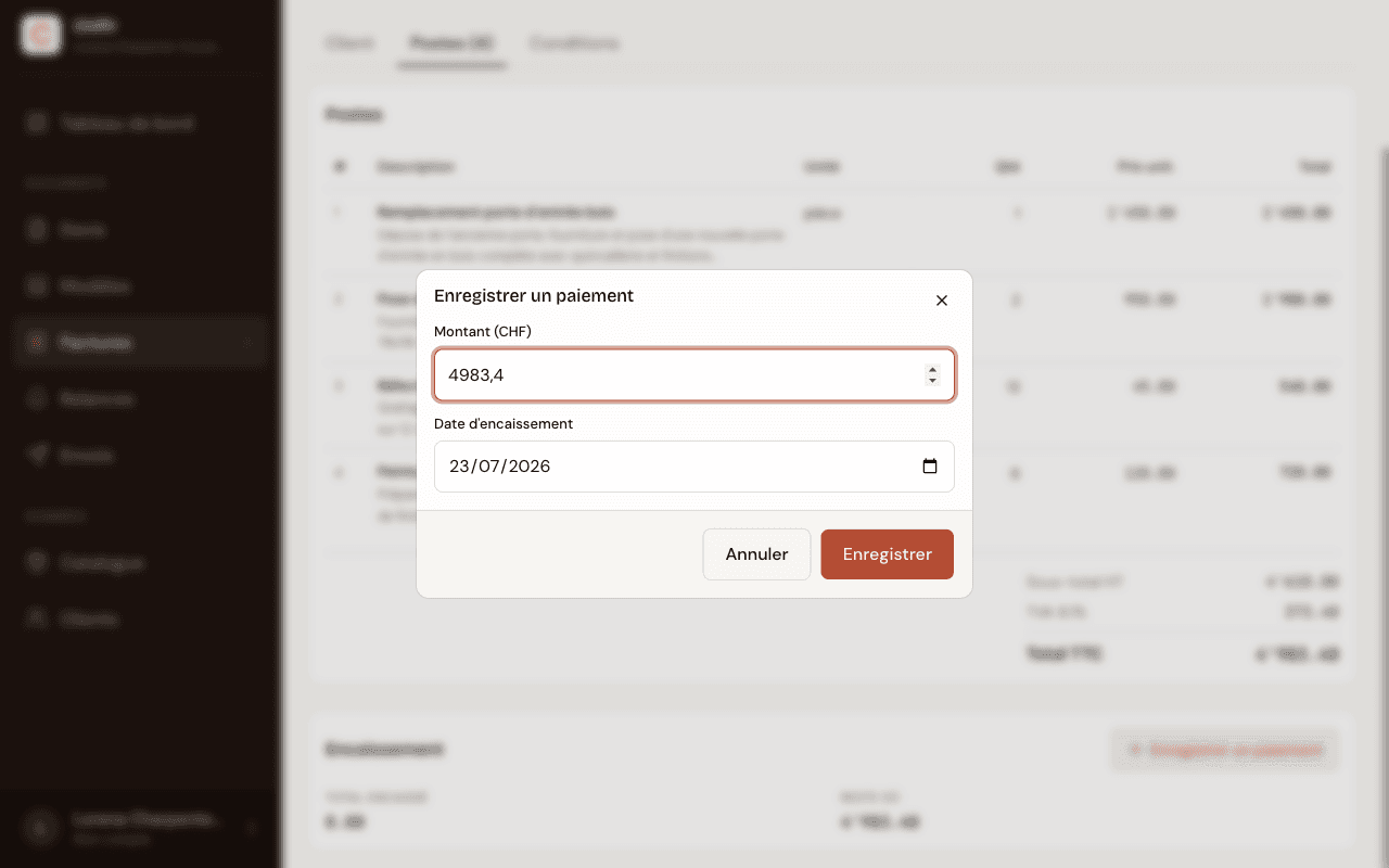 Dialog Enregistrer un paiement dans Chiffr, avec le montant en CHF pré-rempli avec le reste dû et la date d'encaissement du jour