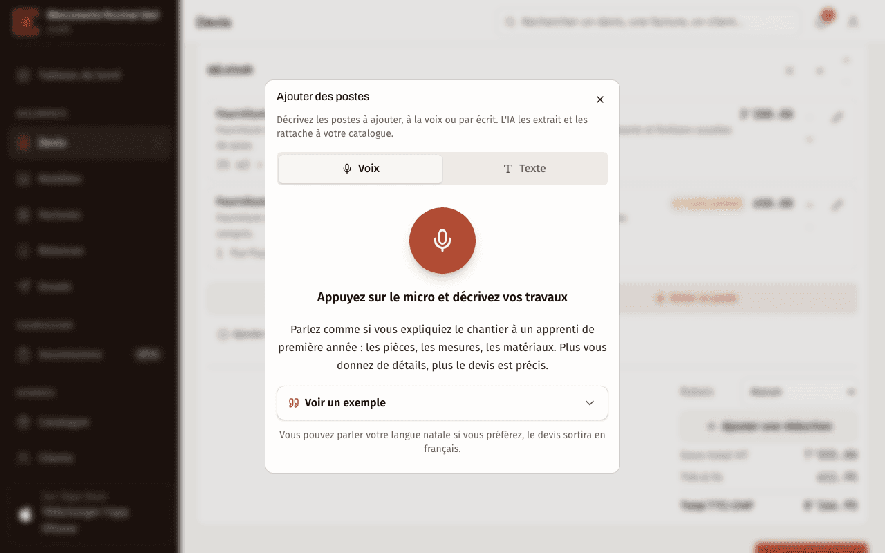 Fenêtre « Ajouter des postes » de Chiffr, onglets Voix et Texte, avec le bouton micro au centre