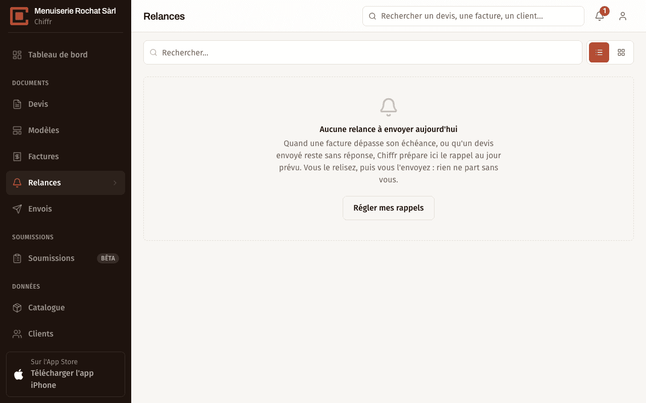 Page Relances de Chiffr sans rappel à envoyer ce jour-là, qui explique que les rappels sont préparés au jour prévu et envoyés après relecture, avec le bouton Régler mes rappels