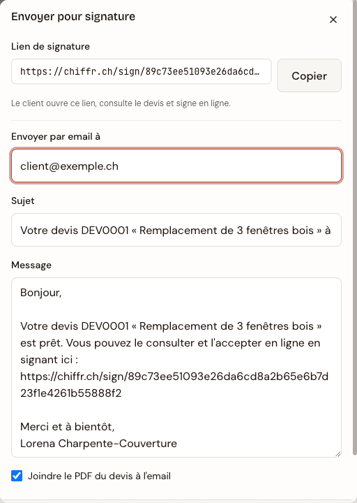 Gros plan du dialog Envoyer pour signature dans Chiffr, avec le bouton Envoyer par email et la case Joindre le PDF cochée