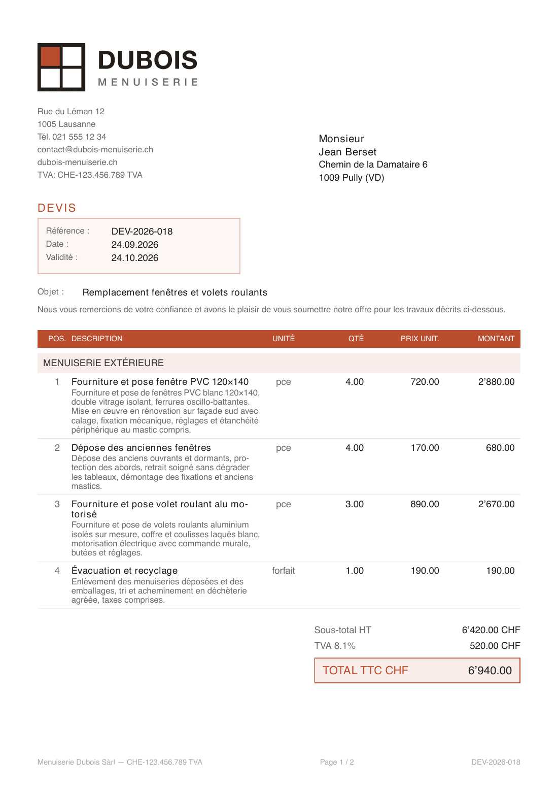 Exemple de devis suisse généré par Chiffr, format professionnel prêt à envoyer