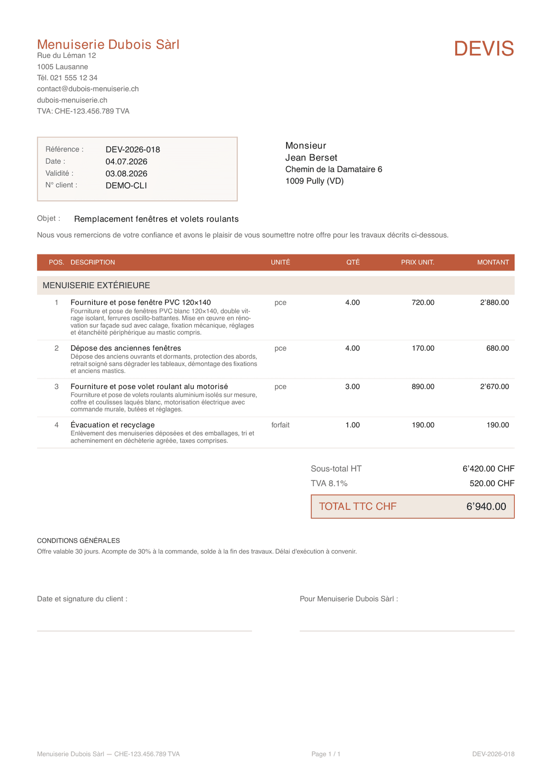 Exemple de devis suisse généré par Chiffr, format professionnel prêt à envoyer