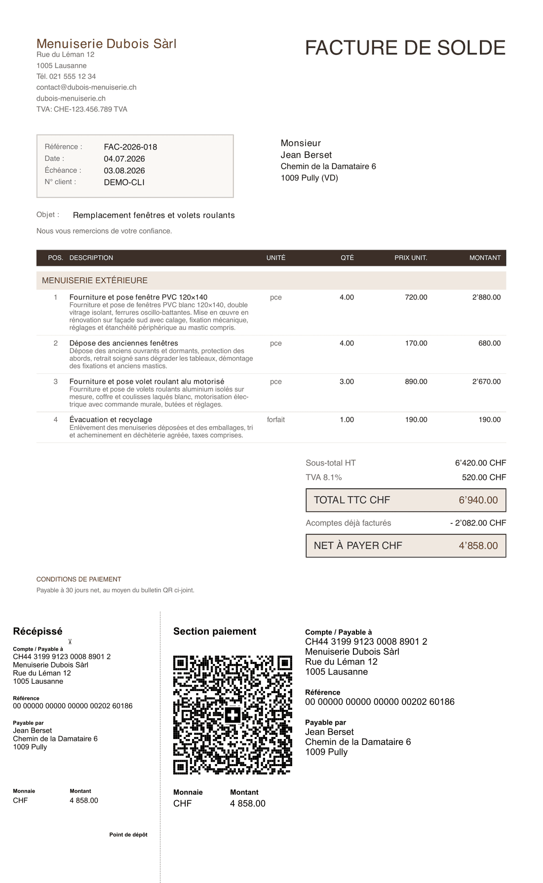 Exemple de facture avec QR-facture suisse généré par Chiffr, acompte déduit