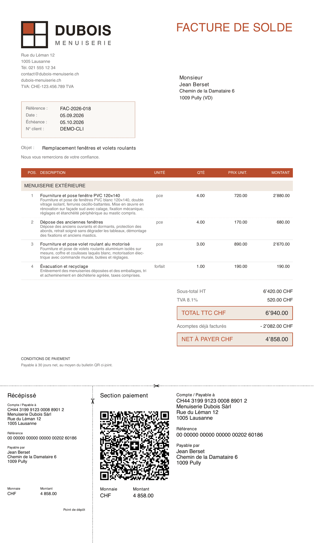 Exemple de facture avec QR-facture suisse généré par Chiffr, acompte déduit